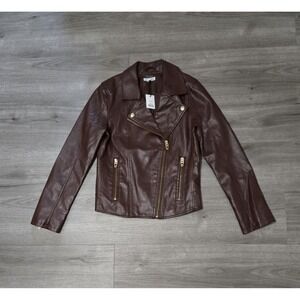 Dex Brown Faux Leather Moto Jacket Women's Biker Style Zip Pockets Size XS NWT